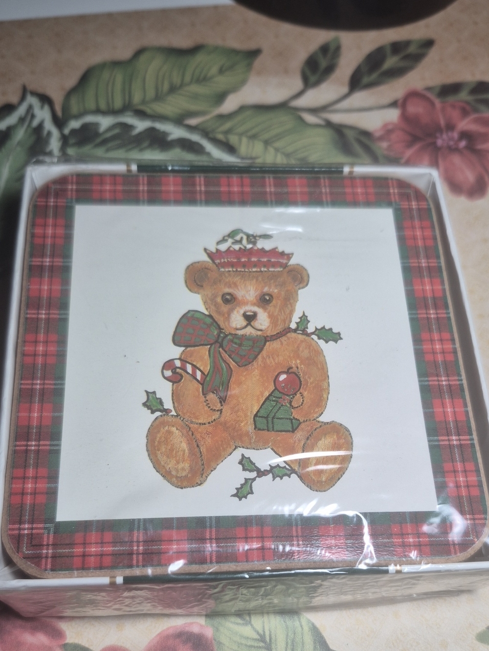 Vintage Holiday Teddy Bear Coasters- Red and Green